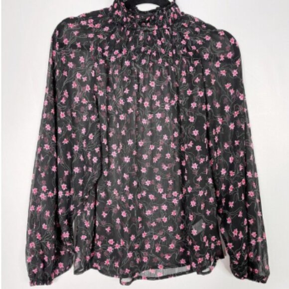 Elizabeth and James Women's Smocked Mock Neck Sheer Long Sleeve Floral Top XL - Picture 14 of 14